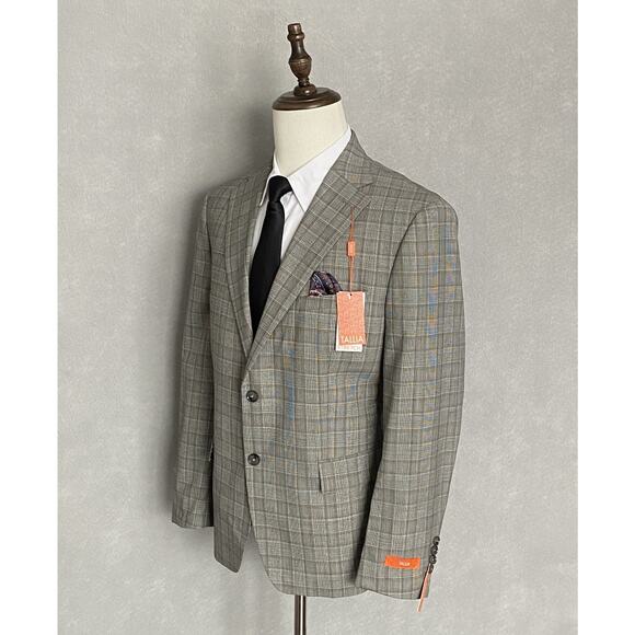 Tallia Men's 42 Long Suit Jacket Stretch Wool Blend Cream/Brown Plaid NEW - Picture 2 of 10